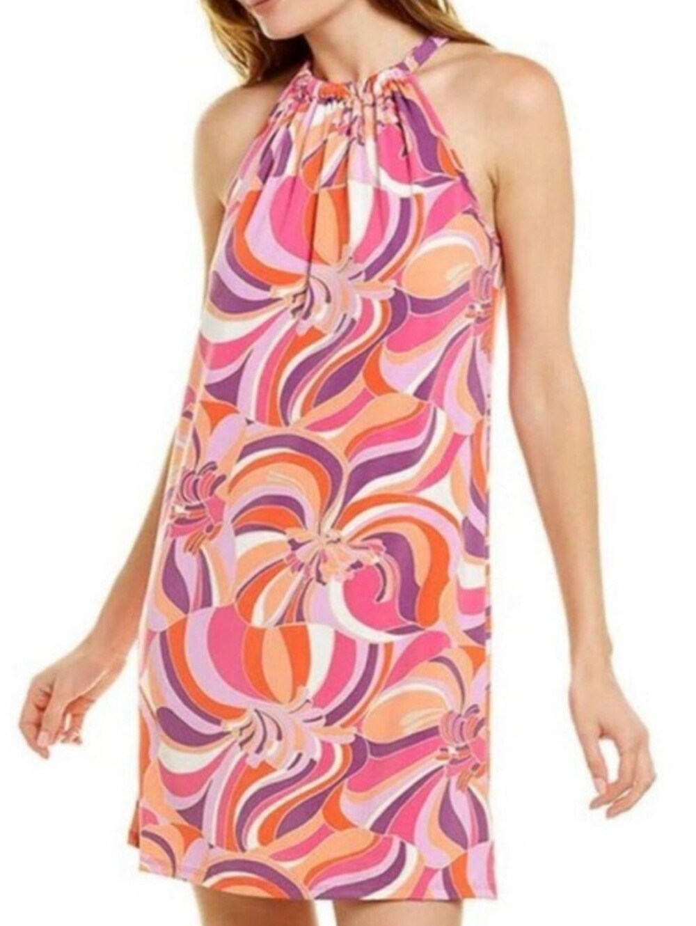 Trina Turk Juju Halter Dress Size Medium Swirl Print Pink Orange Mod Coastal